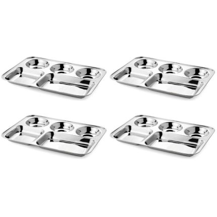 Palomino 5 in 1 Stainless Steel Plates with Compartments | Tiffin Plates | Idli Sambhar Plates | Partition Plates | Breakfast Plate | Steel Plates for Lunch/Dinner (Set of 4 Plates)