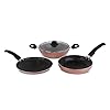 Palomino Induction Base Non-Stick Aluminium Cookware Set of Fry Pan, Tawa/Griddle and Kadhai/Wok with Glass Lid (Copper-Color, Set of 4)